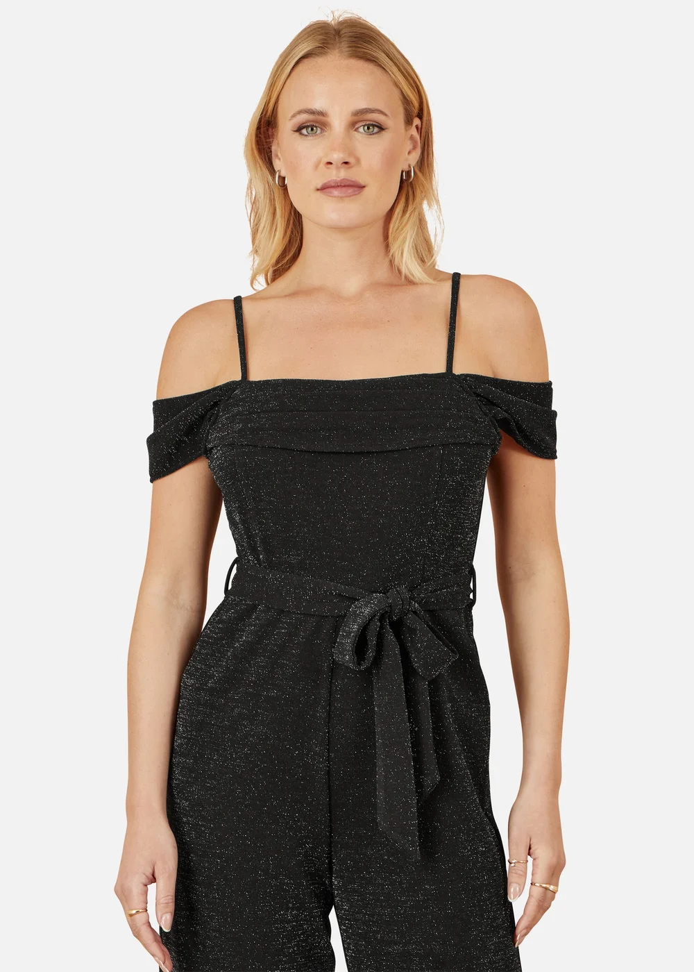 Yumi Black Sparkle Stretch Bardot Jumpsuit - 12 Image 2