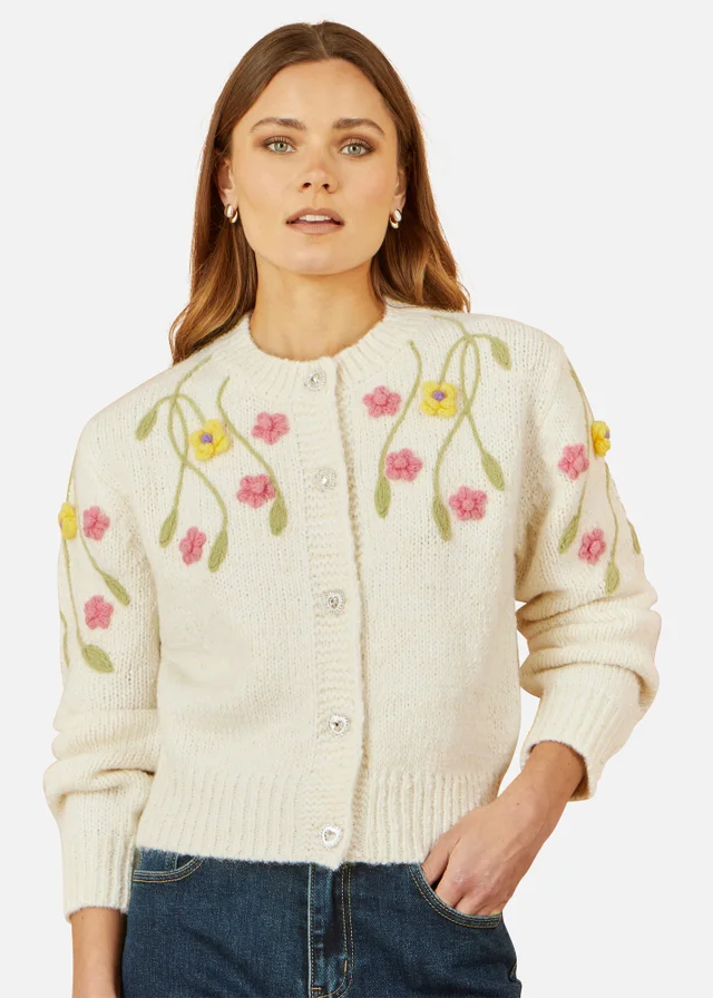 Yumi Beige Flower Embroidered Chunky Knit Cardigan
