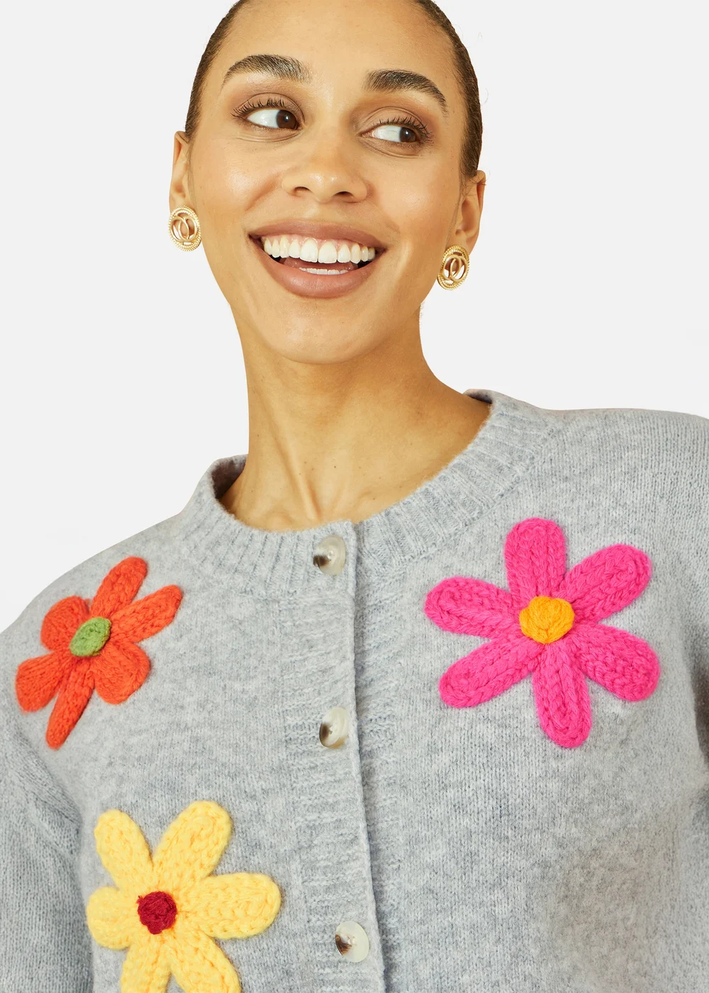 Yumi Grey Knitted Flower Applique Cardigan - Small Image 2