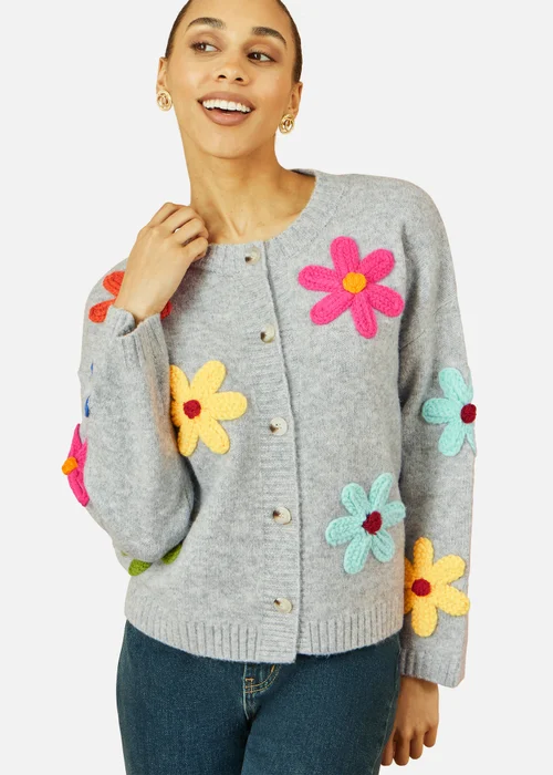 Yumi Grey Knitted Flower Applique Cardigan - Small Image 3