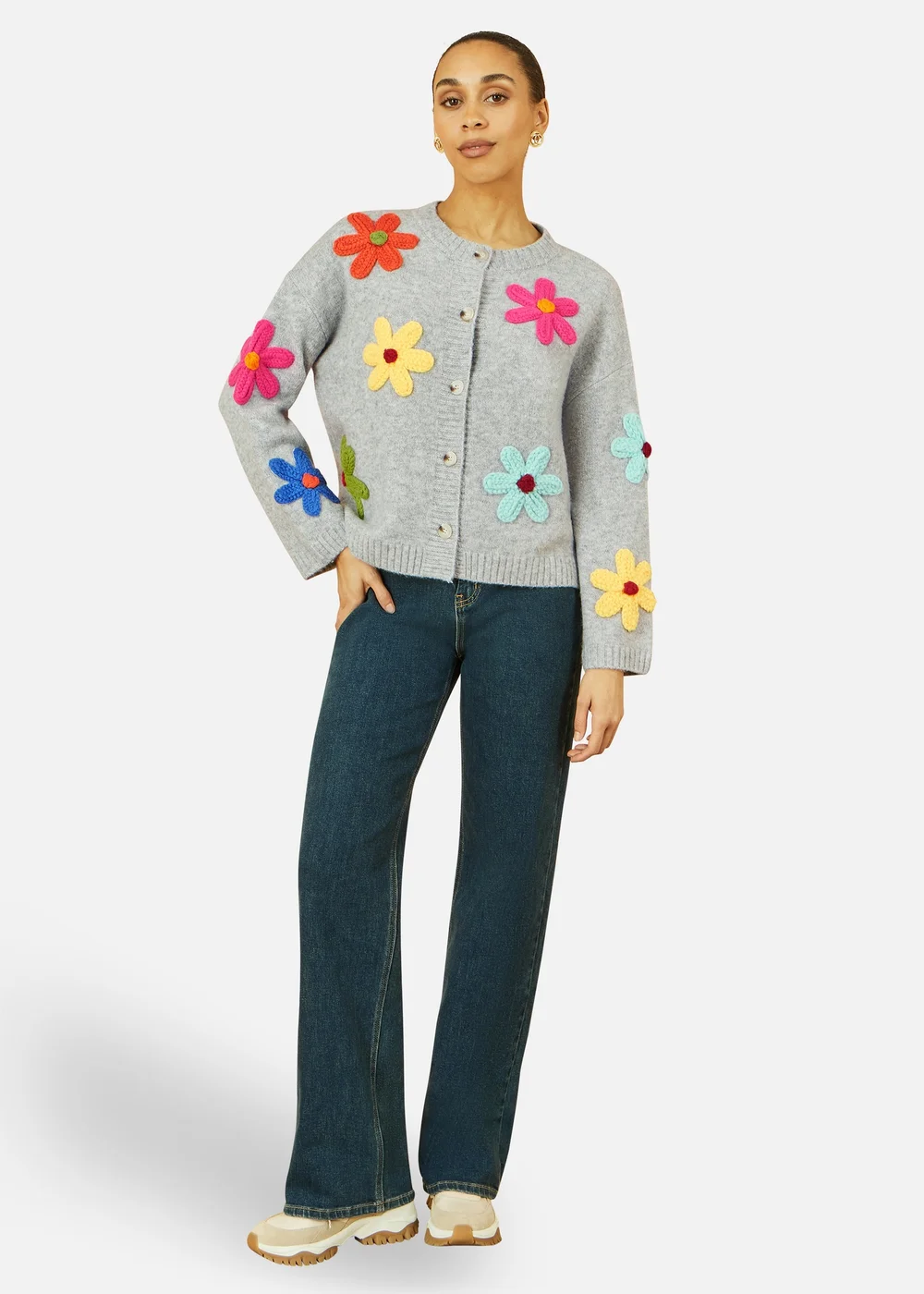 Yumi Grey Knitted Flower Applique Cardigan - Small Image 1