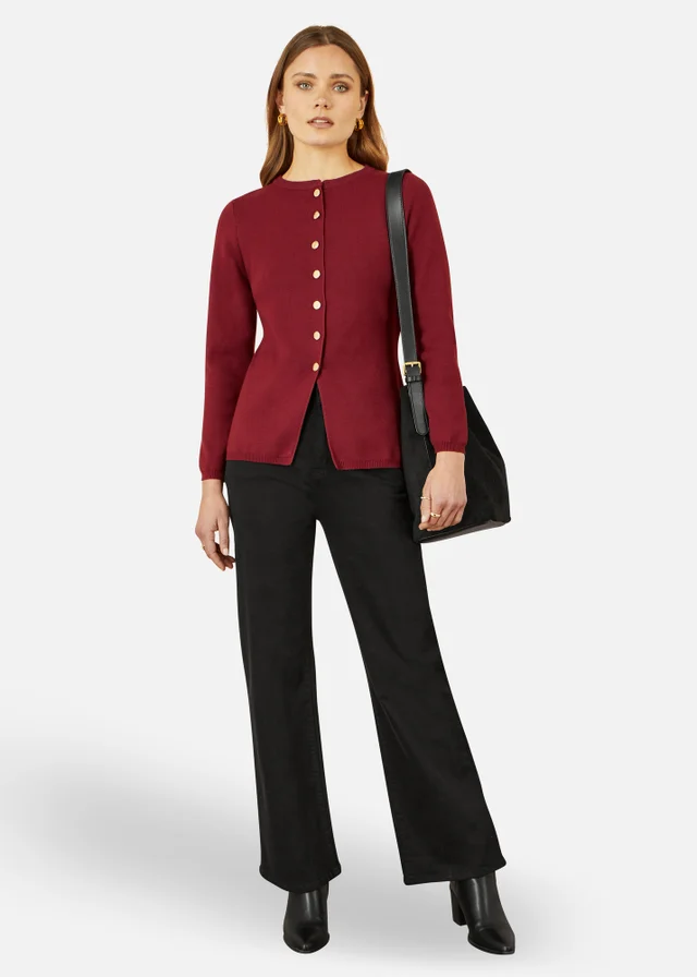 Yumi Burgundy Knitted Fitted Button Down Peplum Cardigan