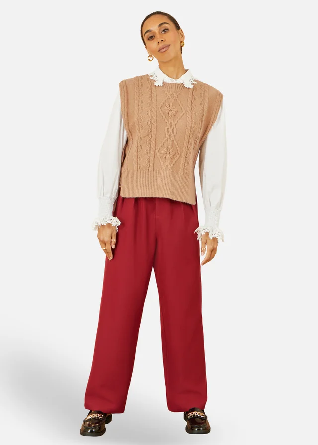 Yumi Camel Flower Cable Knit Tie Side Pullover