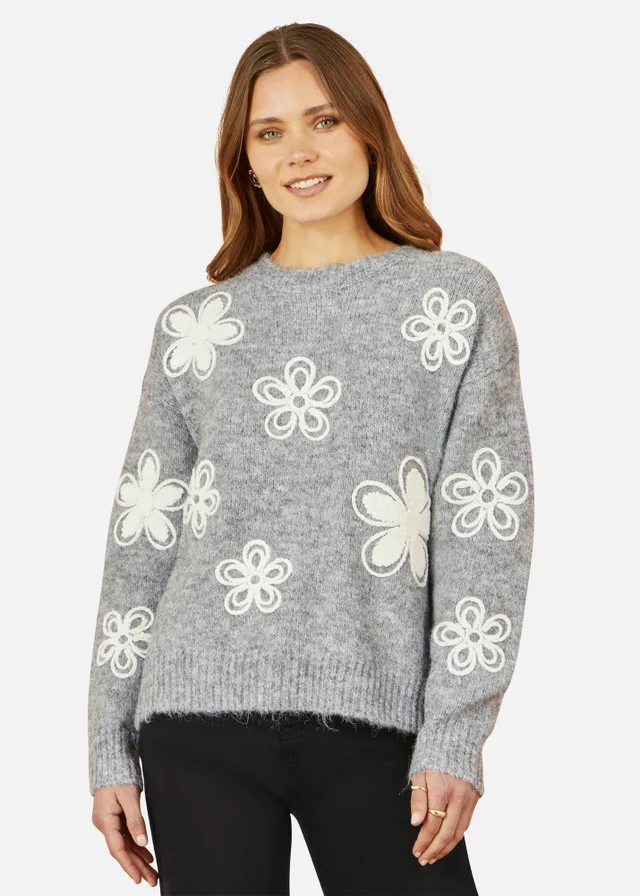 Yumi Grey Relaxed Jumper With Crochet Flowers