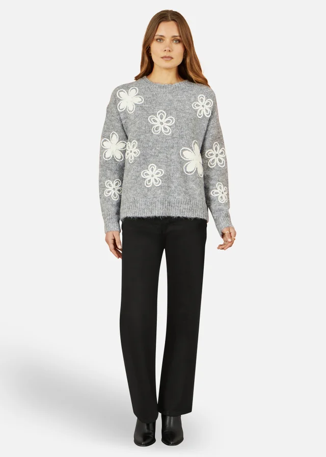 Yumi Grey Relaxed Jumper With Crochet Flowers