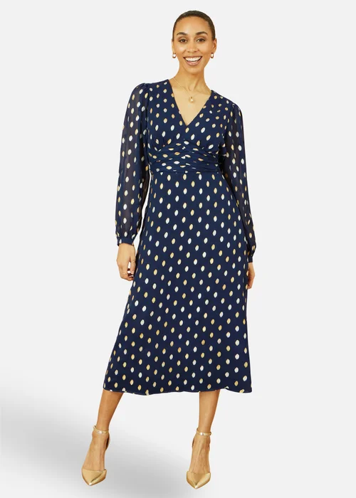 Yumi Navy Foil Print Midi Dress - 8 Image 1