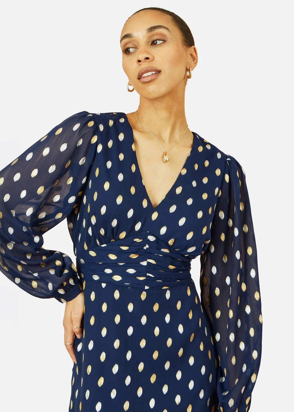 Yumi Navy Foil Print Midi Dress - 8 Image 2