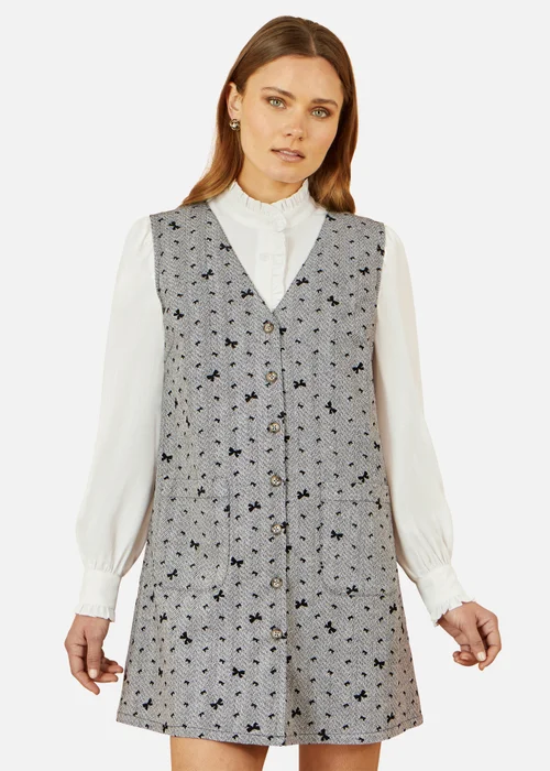 Yumi Grey Bow Print Pinafore Dress With Button Up - 10 Image 2