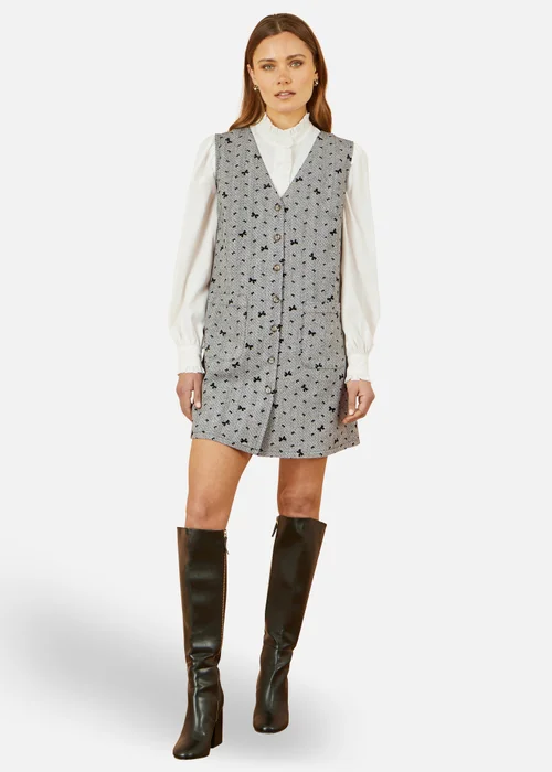 Yumi Grey Bow Print Pinafore Dress With Button Up - 10 Image 1