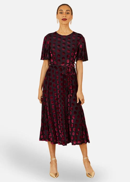 Yumi Burgundy Velour Spot Midi Skater Dress - 8 Image 1