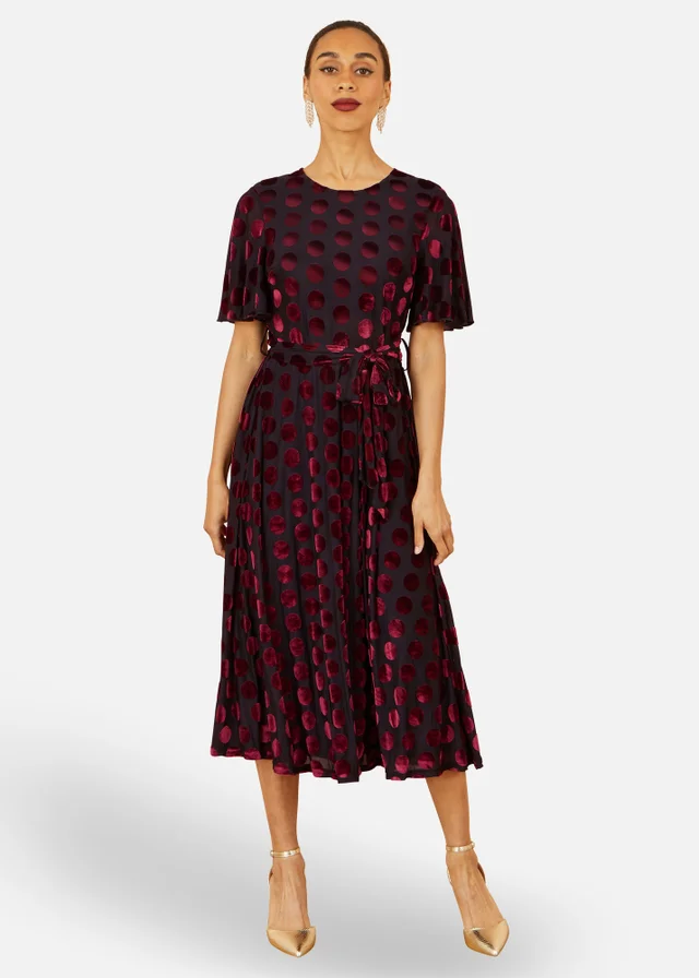 Yumi Burgundy Velour Spot Midi Skater Dress