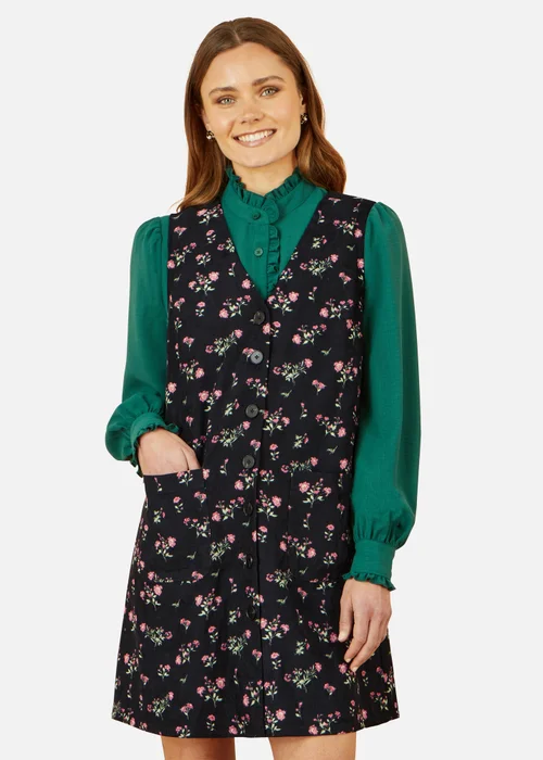 Yumi Black Floral Print Pinafore Dress With Button Up - 12 Image 2