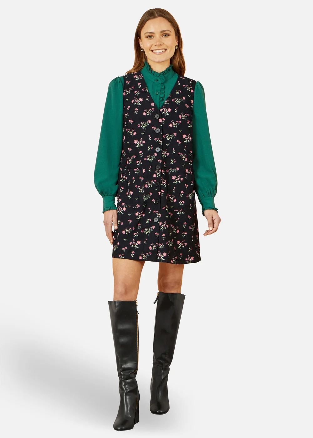 Yumi Black Floral Print Pinafore Dress With Button Up - 12 Image 1