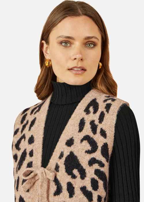 Yumi Beige Animal Print Intarsia Tie Front Waistcoat - Large Image 3