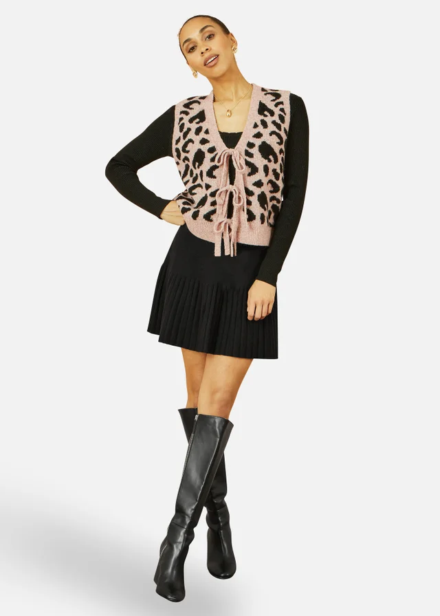 Yumi Beige Animal Print Intarsia Tie Front Waistcoat