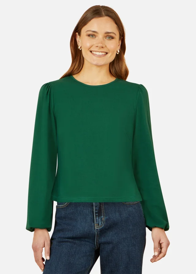 Yumi Green Stretch Cotton Jersey Long Sleeve Top