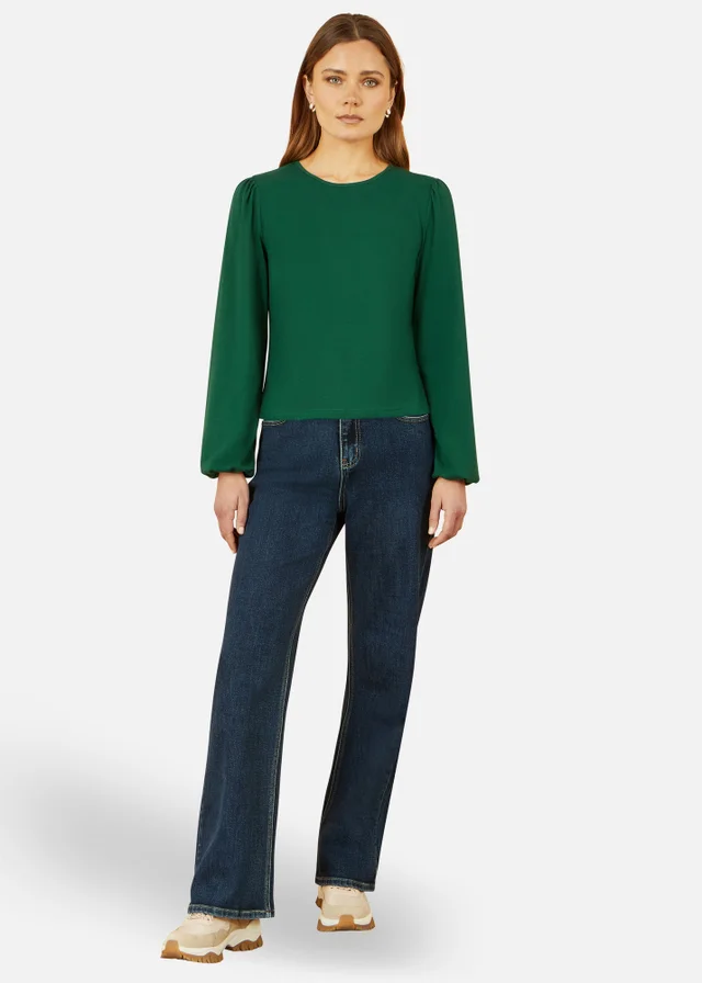 Yumi Green Stretch Cotton Jersey Long Sleeve Top
