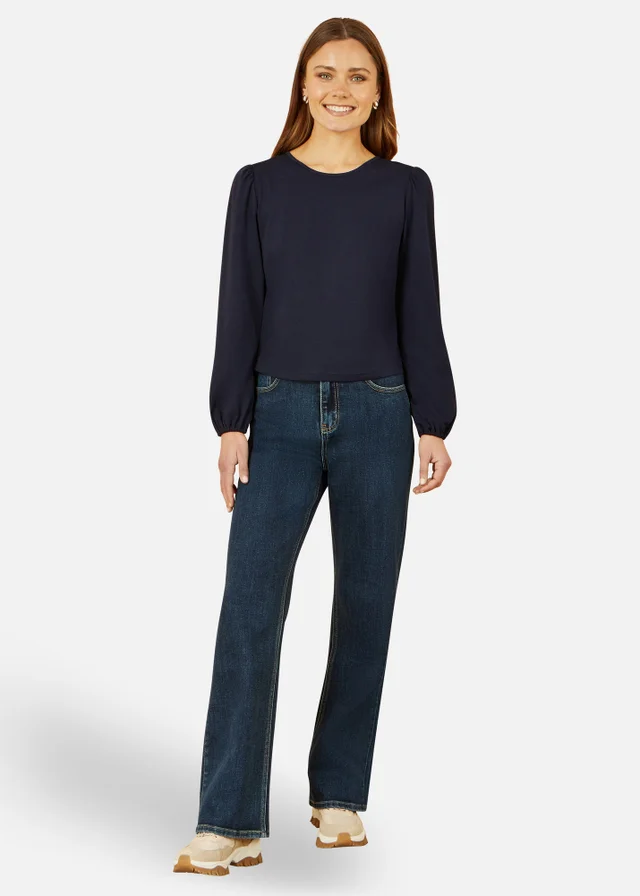 Yumi Navy Stretch Cotton Jersey Long Sleeve Top
