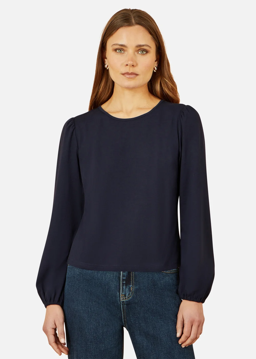 Yumi Navy Stretch Cotton Jersey Long Sleeve Top - Size 14 Clothing Image 2
