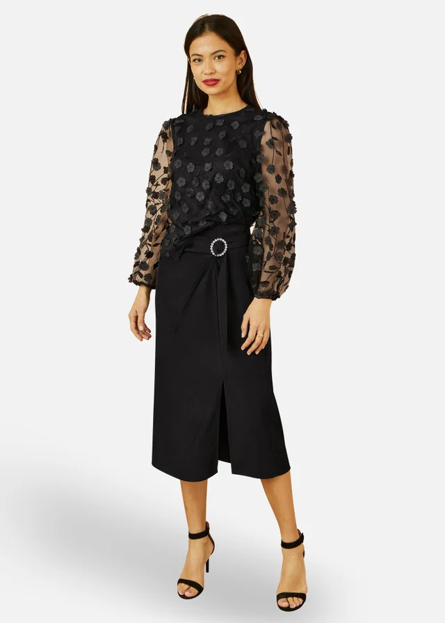 Yumi Black Sheer Sleeve Applique Flower Top