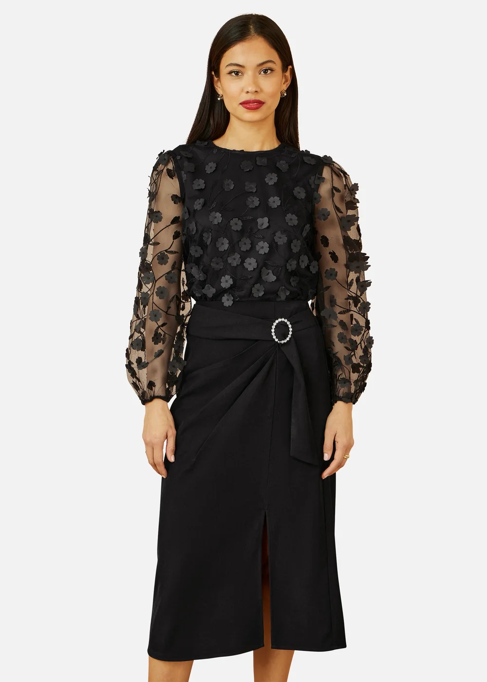 Yumi Black Sheer Sleeve Applique Flower Top - Size 12 Image 2