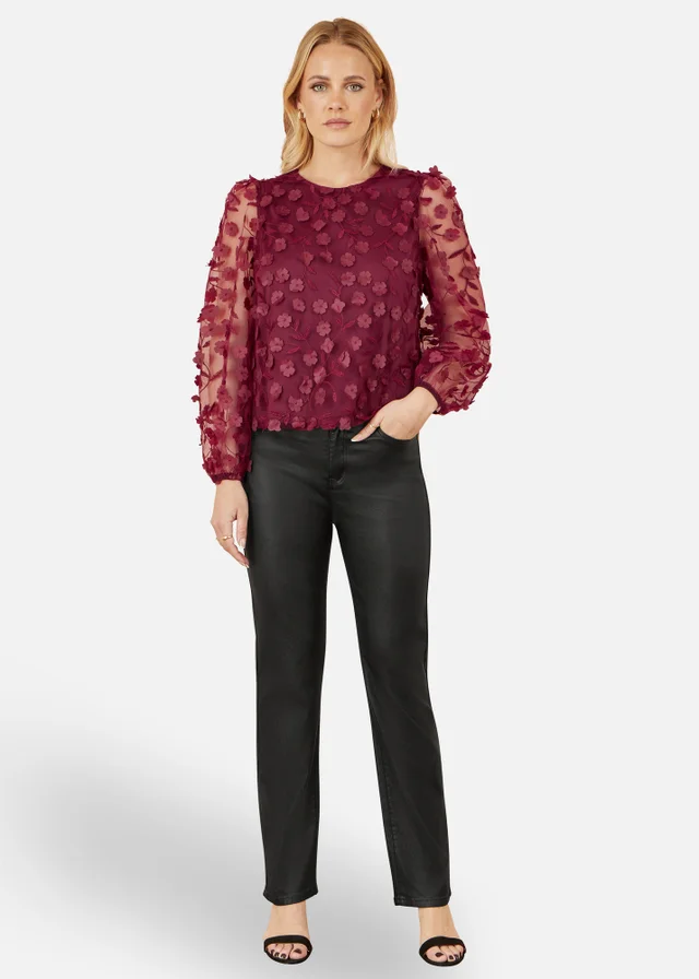 Yumi Burgundy Sheer Sleeve Applique Flower Top