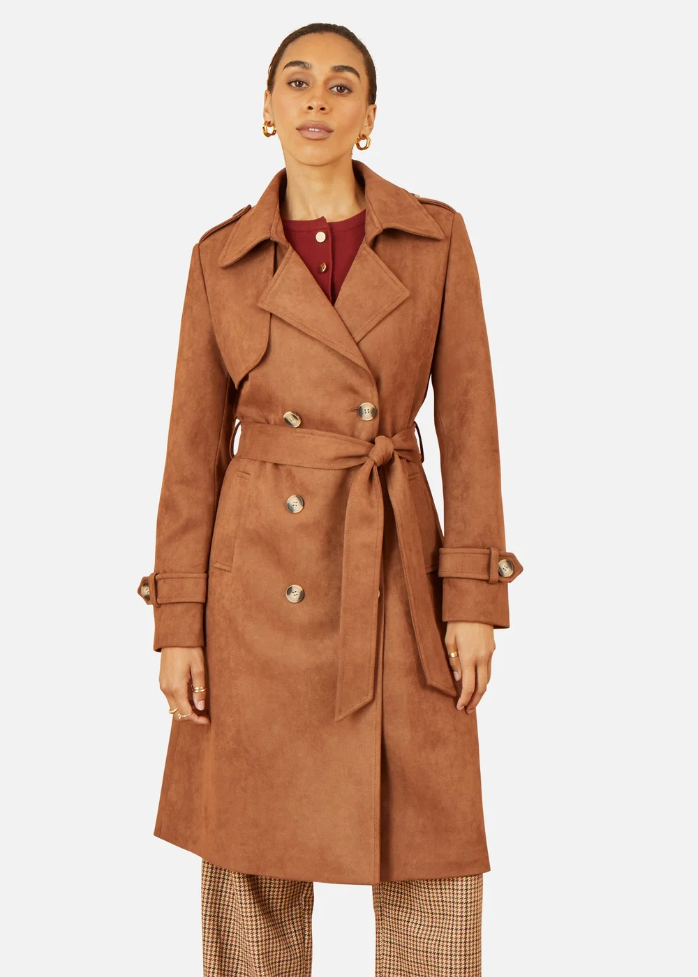 Yumi Brown Faux Suede Trench Coat - 16 Image 2