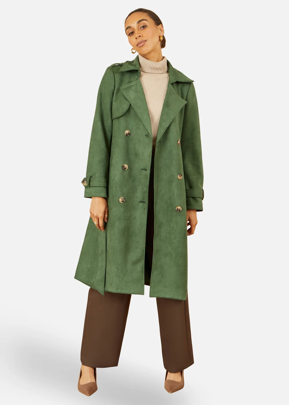Yumi Green Faux Suede Trench Coat - 8 Image 1