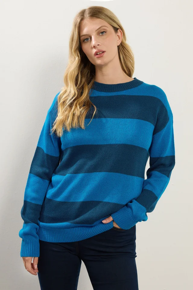 Long Tall Sally Blue Knitted Stripe Crew Neck Jumper