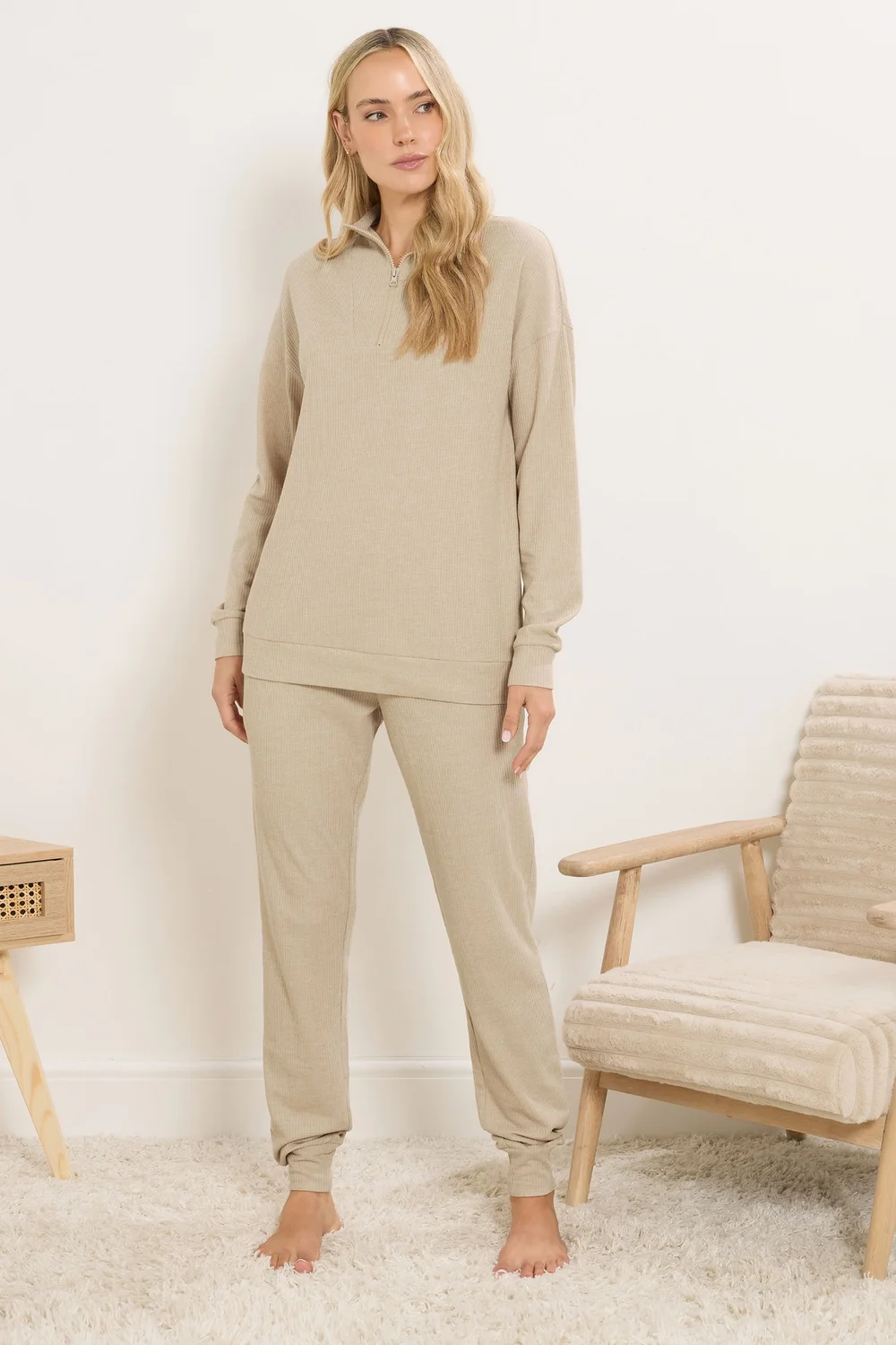 Long Tall Sally Beige Brown Waffle Quarter Zip Lounge Top - Size 22-24 Image 2