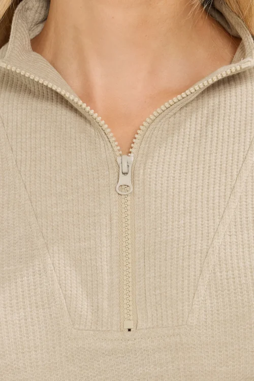 Long Tall Sally Beige Brown Waffle Quarter Zip Lounge Top - Size 22-24 Image 4