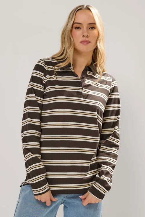 Long Tall Sally Chocolate Brown Striped Jersey Polo Top - Size 14 Image 1