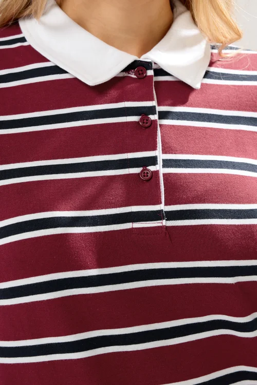 Long Tall Sally Red & Navy Blue Striped Jersey Polo Top - Size 14 Image 4