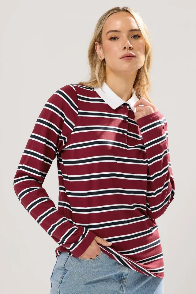 Long Tall Sally Red & Navy Blue Striped Jersey Polo Top