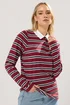 Long Tall Sally Red & Navy Blue Striped Jersey Polo Top - Size 14 Image 1