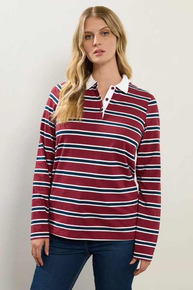 Long Tall Sally Red & Navy Blue Striped Jersey Polo Top