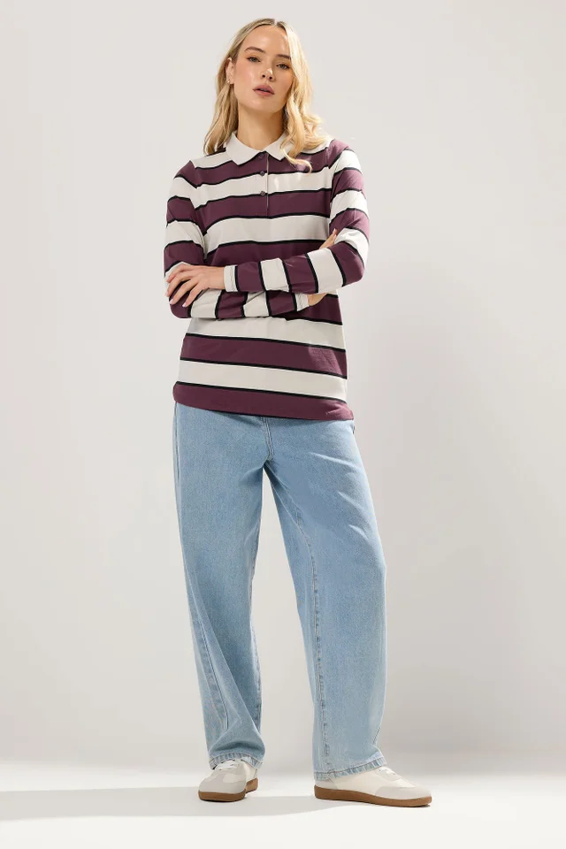 Long Tall Sally Ivory White Striped Jersey Polo Top