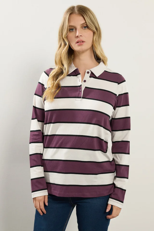 Long Tall Sally Ivory White Striped Jersey Polo Top