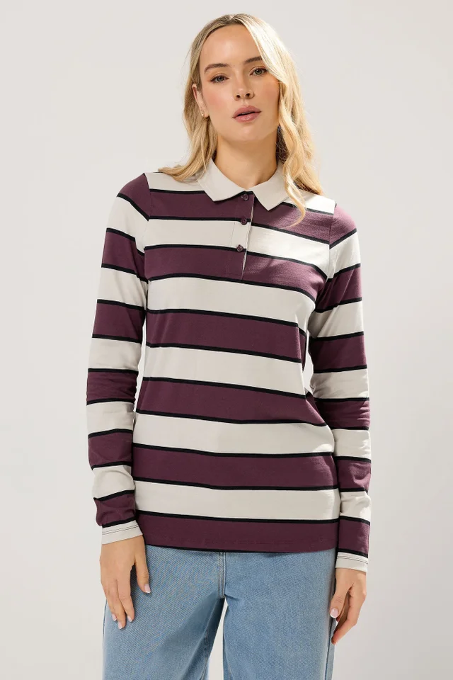 Long Tall Sally Ivory White Striped Jersey Polo Top