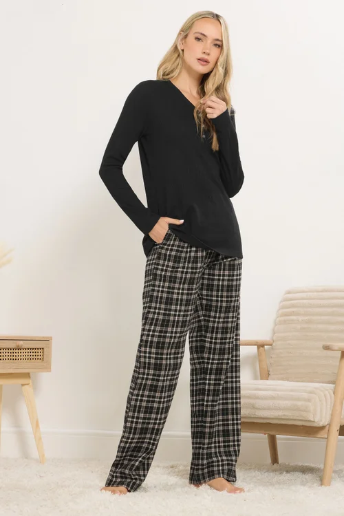 Long Tall Sally Black Cotton Check Pyjama Bottoms - Size 22-24 Image 1