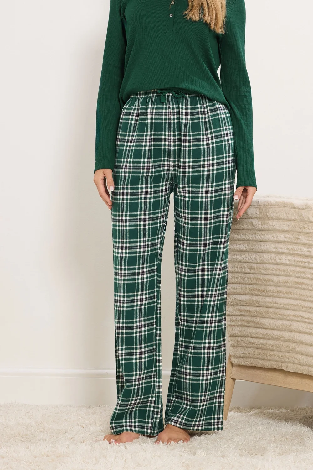 Long Tall Sally Green Cotton Check Pyjama Bottoms - Size 22-24 Image 2