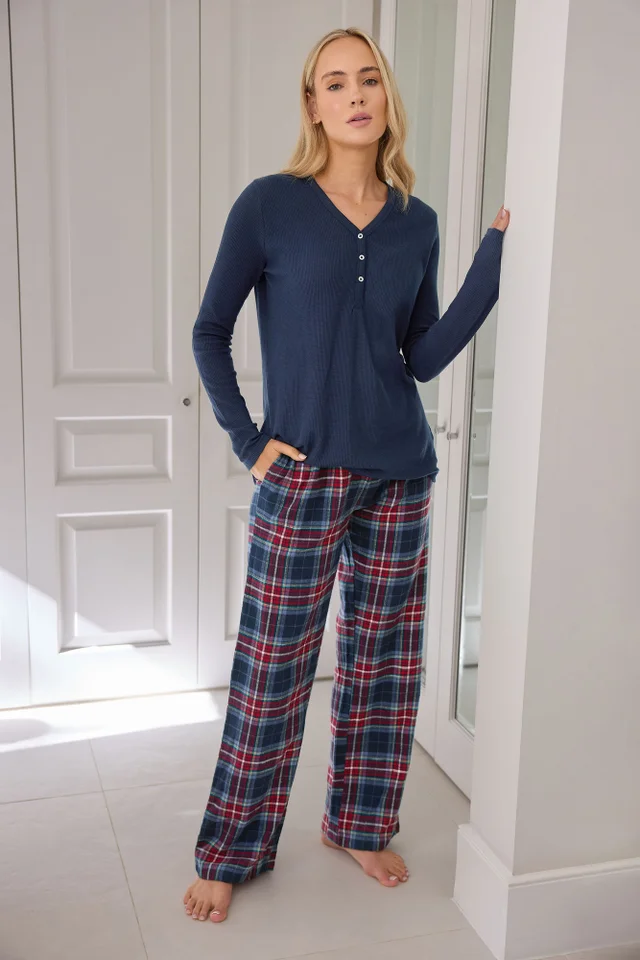 Long Tall Sally Navy Blue & Red Cotton Check Pyjama Bottoms