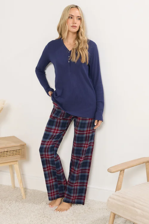 Long Tall Sally Navy Blue & Red Cotton Check Pyjama Bottoms - Size 22-24 Image 2