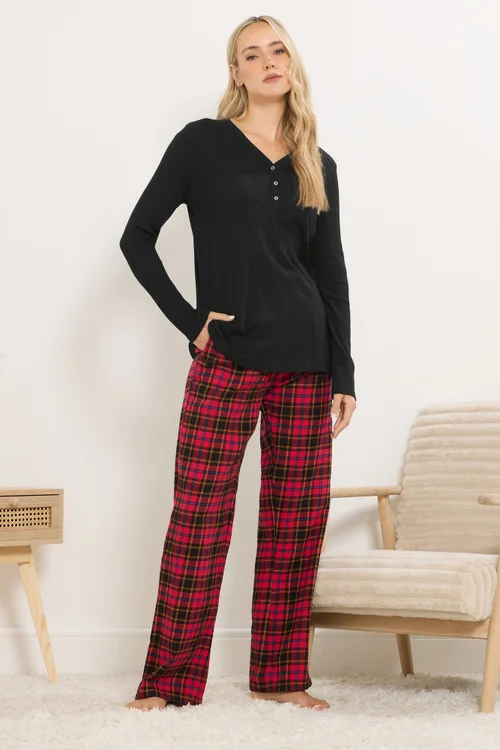 Long Tall Sally Black & Red Cotton Check Pyjama Bottoms - Size 18-20 Image 1