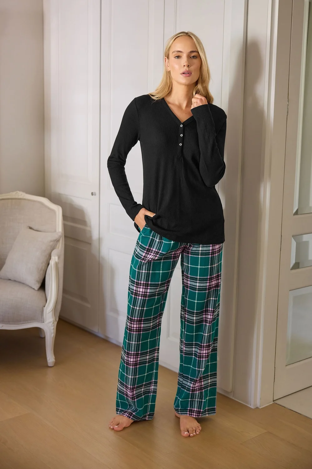 Long Tall Sally Turquoise Green Cotton Check Pyjama Bottoms - Size 18-20 Image 1