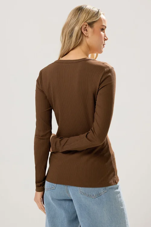 Long Tall Sally Chocolate Brown Cotton Ribbed Henley Top - Size 14 Image 3