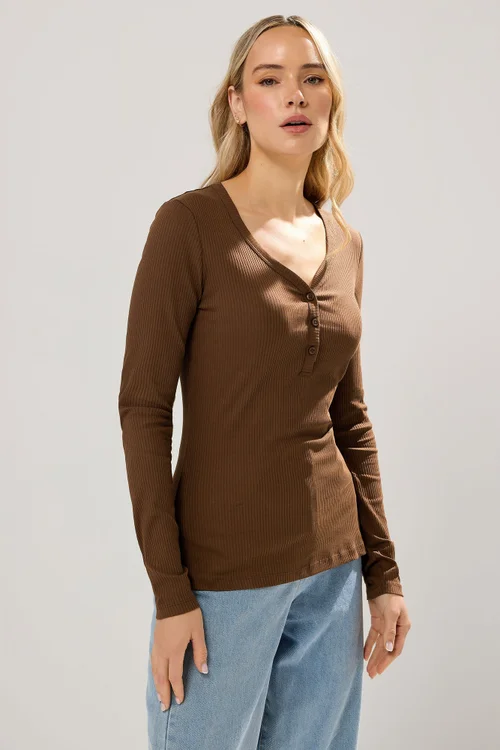 Long Tall Sally Chocolate Brown Cotton Ribbed Henley Top - Size 14 Image 1