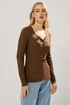 Long Tall Sally Chocolate Brown Cotton Ribbed Henley Top - Size 14 Image 1