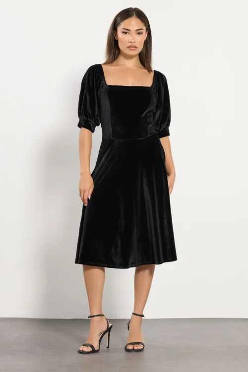 PixieGirl Petite Black Square Neck Velvet Dress - 8 Image 1