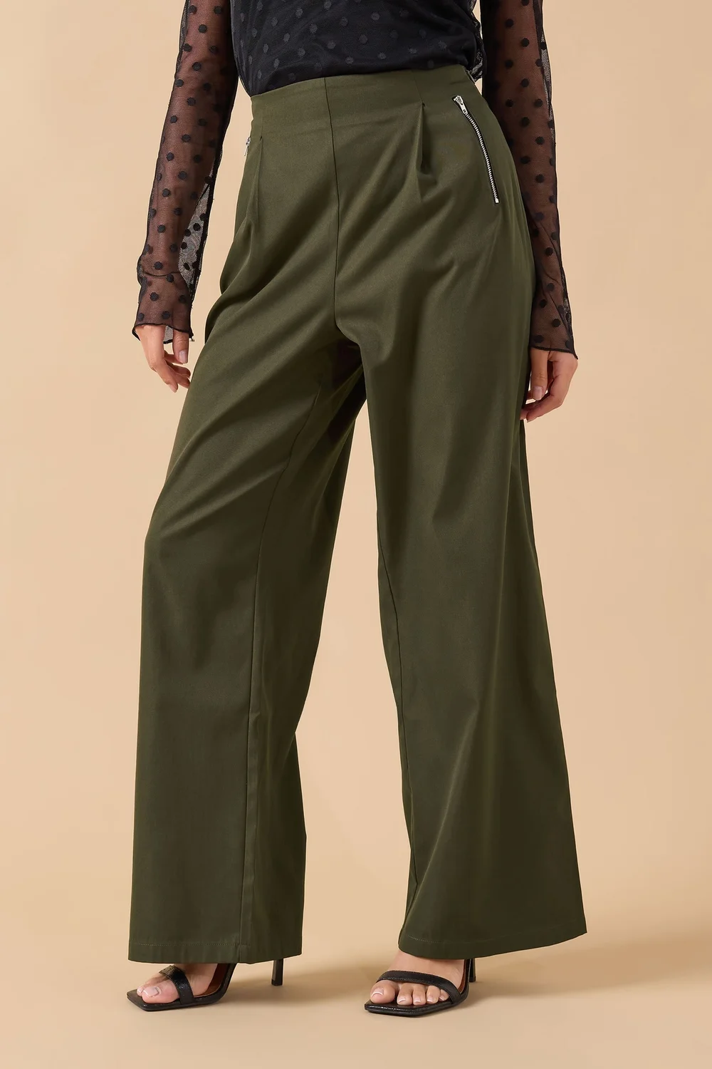 PixieGirl Petite Khaki Green Zip Pleated Trousers - 18 Image 2